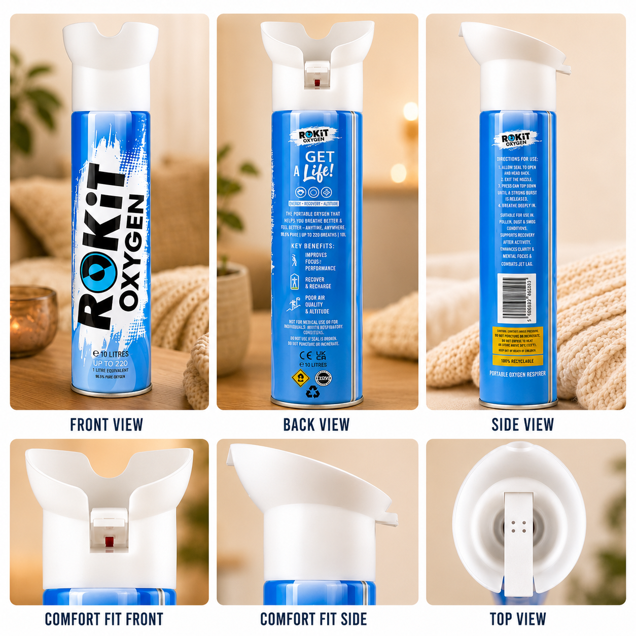ROKiT Oxygen 10.4L | 3 Pack | 99.9% Pure Oxygen | 220+ Inhalations Each