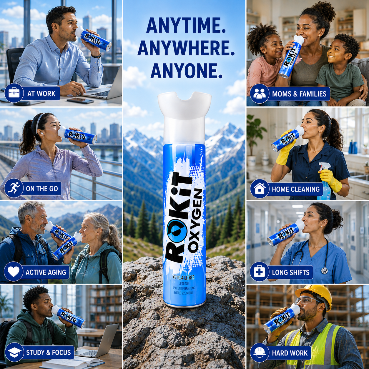 ROKiT Oxygen 10.4L | 12 Pack | 99.9% Pure Oxygen | 220+ Inhalations Each