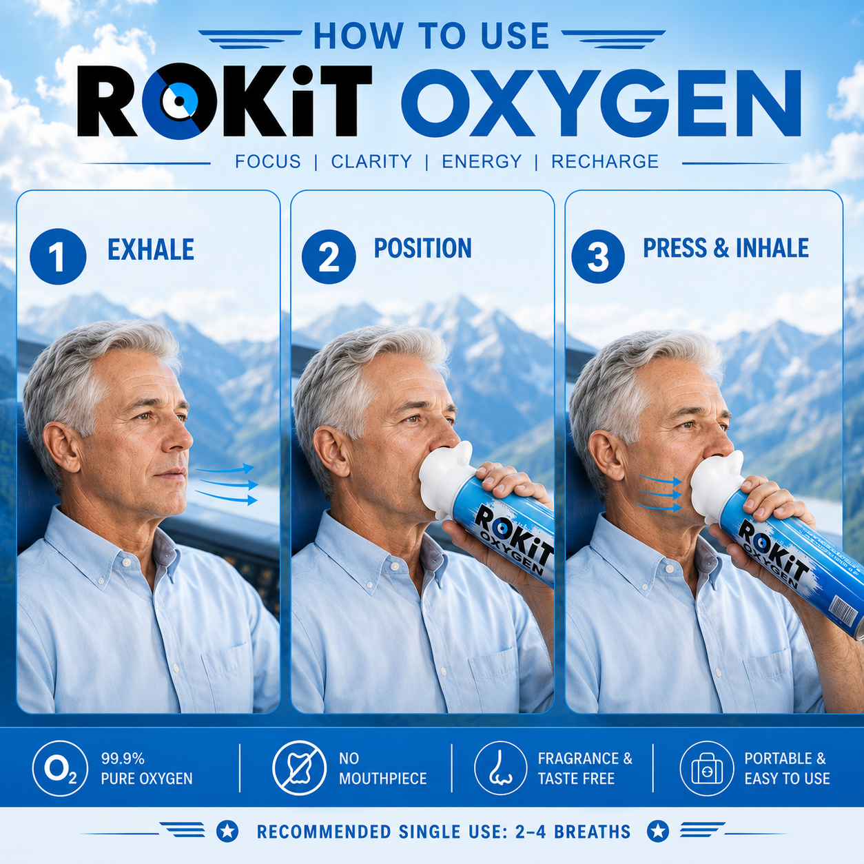 ROKiT Oxygen 10.4L | 99.9% Pure Oxygen | 220+ Inhalations | Portable Canister